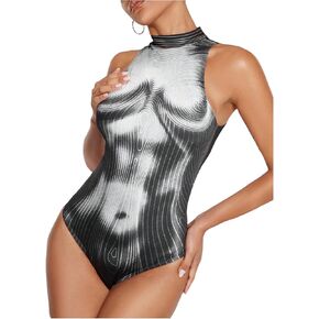 WDIRARA Women's 3D Body Print Bodysuit Graphic Mock Neck Sleeveless Tank Body Suit