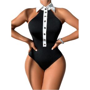 SweatyRocks Women's Lapel Button Down Shirt Sleeveless Body Suits Halter Backless Tank Bodysuit