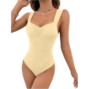WDIRARA Women's Sweetheart Neck Sleeveless Tank Bodysuit Ruched Leotard Body Suit