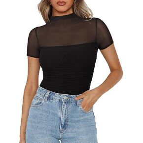 PINKMSTYLE Mesh Short Sleeve Bodysuit for Women Date Night Outfits Going Out Tops Black Large