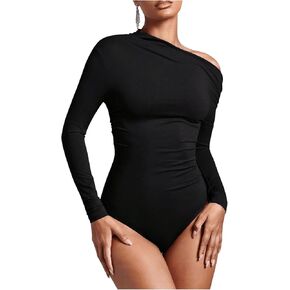 MakeMeChic Women's One Shoulder Bodysuit Casual Ruched Long Sleeve Leotard Tee Shirt Tops