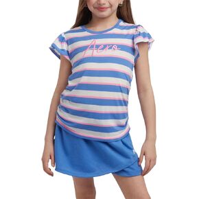 AEROPOSTALE Girls Skort Set - 2 Piece Short Sleeve Striped Graphic Tee and Casual French Terry Skort for Girls (Sizes: 7-12)