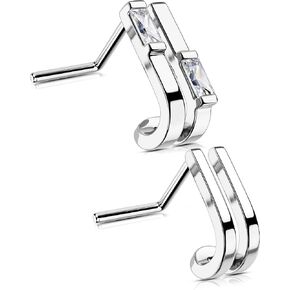 OUFER 2Pcs Nose Stud, Fancy Unique Double Rows 20G Nose Rings L-shaped Sparkling Stainless Steel CZ Small Tiny Silver Nose Rings Studs for Women Men-7MM