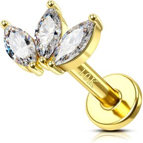 COCHARM 10K Gold Triple Marquise CZ Helix/Cartilage Earring Stud, 16g Flat Back Tragus Piercing Jewelry, Yellow Gold Crowen Labret Stud for Conch, Hypoallergenic for Sensitive Ears