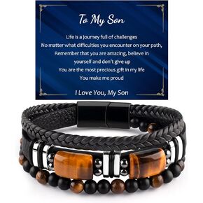 Mens Leather Tiger Eye Bracelet Natural Crystal Stone Beads Jewelry Triple Protection Bracelet for Father's Day Valentine'S Day Birthday Christmas Gift