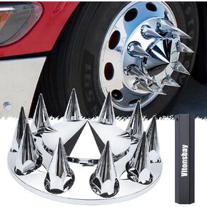 2 Front Spiked Axle Wheel Covers - 2 Front Axle Hub Covers with 33mm Thread-On Chrome Lug Nut Covers for Semi Truck (Installation Tool Included)