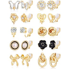 Tornito 10 Pairs Clip On Earrings Round CZ Pearl Twist Knot Bowknot Rose Flower Butterfly Heart Crystal Non Pierced Earrings Clip on Stud Set for Women Silver Gold Tone