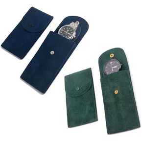 2PCS Premium Watch Travel Storage Bag Portable Velvet Watch Pouch Watch Organizer for men and women (1pc Blue & 1pc Green)