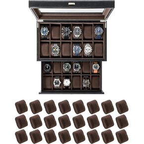 TAWBURY Bayswater 24 Slot Watch Box with Drawer (Black) with a Set of 24 Small Pillows to Fit 6.6-7.1" Wrists