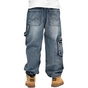 Mens Loose Fit Hip Hop Jeans Casual Cargo Denim Pants with Multi Pockets
