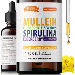 SIRUNES Mullein Drops for Lungs with Chlorophyll Liquid, Irish Sea Moss, Spirulina & Elderberry – 4 fl. oz – Herbal Respiratory & Immune Support