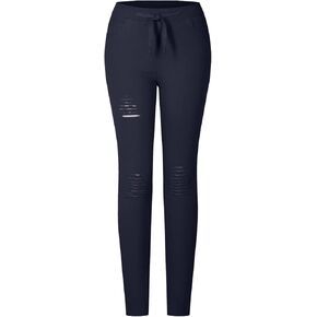 Women's Super Stretch Flexible Fit 5 Pocket Ripped Skinny Pants w/Elastic Waist Band & Draw String
