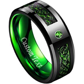 8mm Black Celtic Dragon Tungsten Carbide Wedding Ring with Green Carbon Fiber and CZ Inlay Polished Finish Beveled Edge Size 6-16