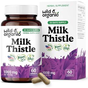 Wild & Organic Milk Thistle Capsules 1000mg - Liver Support Supplement - Silymarin Milk Thistle Powder for Liver Cleanse - 60 Vegan Capsules - 1-Month Supply - No Fillers, Non-GMO