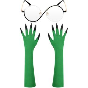 2Pcs Witch Costume Accessories Include Witch Green Gloves and Glasses for Women Movie Halloween Cosplay Props Role-playing Party Dress up