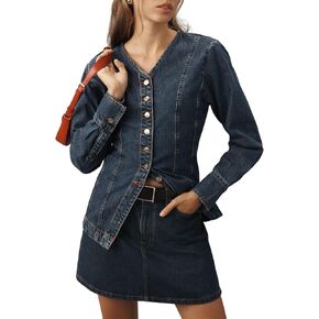 Women's Denim Shirt Long Sleeve Button Down Collarless V-Neck Slim Fit Jean Jacket Denim Top