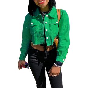 Women's Denim Short Long Sleeve Lapel Jacket Button Down Distressed Hem Crop Jeans Coat