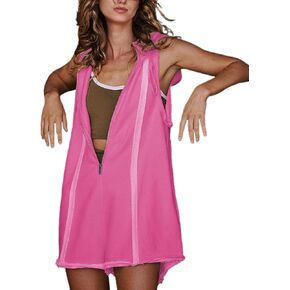 Women's Athletic Workout Sleeveless Hood Romper Relaxed Fit Half Zipper Seaming Overalls with Pockets