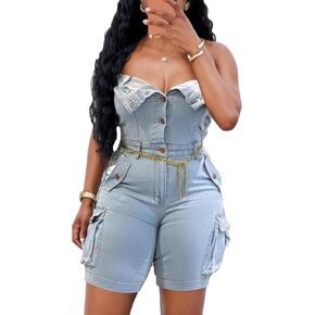 LKOUS Women's Sexy Denim Short Jumpsuit,Summer Cargo Casual Sleeveless Slim Fit Off Shoulder Rompers with Pockets