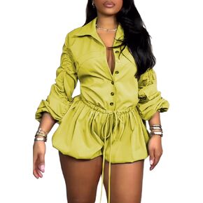 Unybwonn Women's Cargo Rompers Long Sleeve One Piece Bubble Short Jumpsuit Casual Ruched Drawstring Overalls Romper