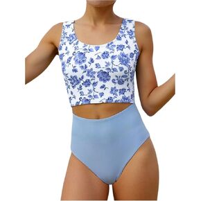 Verdusa Girl's Floral Cut Out One Piece Swimsuit Colorblock Sleeveless Bathing Suit