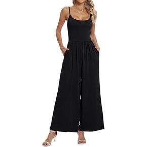 Womens Summer Casual Jumpsuits Square Neck Sleeveless Spaghetti Strap Wide Leg Long Pant Rompers Overalls With Pockets