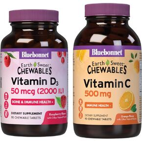 BlueBonnet Nutrition Vitamin D3 2000 IU Chewables and Vitamin C 500 mg Chewables Bundle