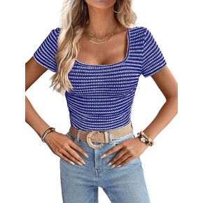 Women Summer Short Sleeve Shirts Ruched Tops Sexy Square Neck Blouses Going Out Knit T Shirt Basic Tees