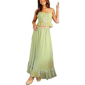 Women 2 Piece Chiffon Sets Shirred Halter Neck Tie-Up Tank Tops and Ruched Ruffle Maxi Skirt Streetwear