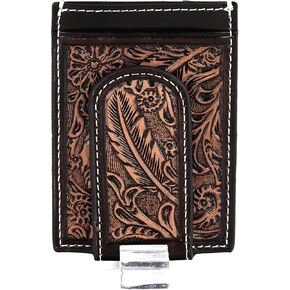 ARIAT Men's Money Clip Wallet - Genuine Leather with Feather Embossed Design, Brown