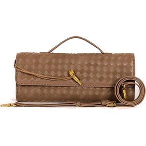 Women's Woven Suede and PU Leather Clutch Purse - Elegant Top-Handle Shoulder Crossbody Evening Bag with Detachable Strap