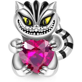 GNOCE Cheshire Cat Heart Gemstone Charm Bead Sterling Silver Christmas Charm Fits Bracelets/Necklace For Women/Wife Gift