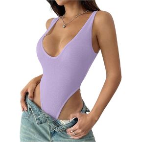 SweatyRocks Women's Deep V Neck High Cut Bodysuit Sleeveless Slim Fit Leotard Tops