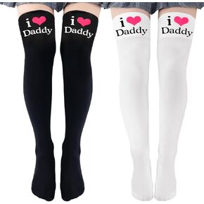 Littleforbig Thigh High I Love Daddy Print Over The Knee Silk Stockings 2 Pairs - White and Black