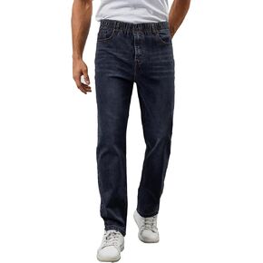 Mens Elastic Waist Jeans Relaxed Fit Stretch Denim Pants Straight Leg Jean with Zipper