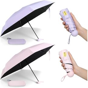 2 Pcs Mini Umbrella for Purse with Case, Travel Small UV Protection Sun and Rain Umbrella Light Compact for Women, Girls