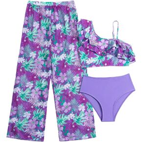 Verdusa Girl's 3 Piece Floral Bikini Set Asymmetrical Ruffle Layered Swimsuit with Cover Up Pants