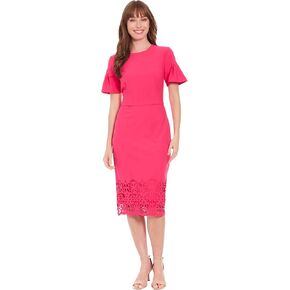London Times Women's Pleated Flutter Sleeve Sheath with Laser Cut Border