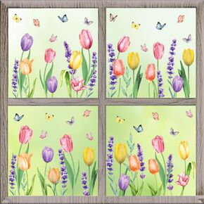 CROWNED BEAUTY Spring Static Window Clings, 9 Sheets Reusable Removable Stickers Tulips Floral Birds Butterfly Glass Decals for Home School Office Seasonal Decorations CW09