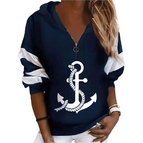 WDIRARA Women's Plus Size Anchor Graphic Print Long Sleeve Sweatshirt Half Zip Color Block Drop Shoulder Hoodie