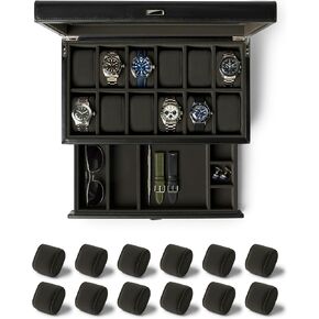 TAWBURY Bayswater 12 Slot Watch Box with Drawer (Black/Charcoal) with a Set of 12 X-Small Pillows to Fit 5.5-6.5" Wrists