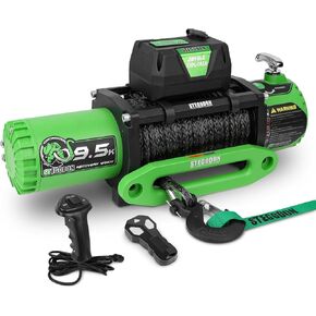 Winch 13000lb Electric Winch 12V Winch with Synthetic Rope Car Trailer Winch with Green Hawse Fairlead Wireless Remote and Wired Handle for Truck SUV Jeep