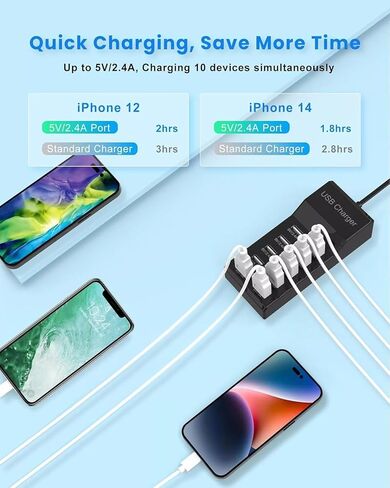 USB Charger USB Charging Station 10-Port USB Desktop hub Wall Charger, Suitable for iPhone/iPad/Samsung Galaxy Note Tablet Android Smartphone Multi-Function Device (Black) in Saudi Arabia