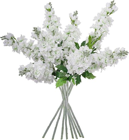 Fake Flowers Artificial Flowers Delphinium Fake Flowers 23.6" Long Stem Artificial Flowers for Tall Vase Silk Flowers for Home Decor Indoor Wedding Aisle Decoration Spring Flowers (White) 8Pcs in Saudi Arabia