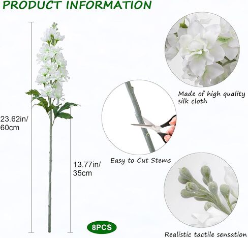 Fake Flowers Artificial Flowers Delphinium Fake Flowers 23.6" Long Stem Artificial Flowers for Tall Vase Silk Flowers for Home Decor Indoor Wedding Aisle Decoration Spring Flowers (White) 8Pcs in Saudi Arabia