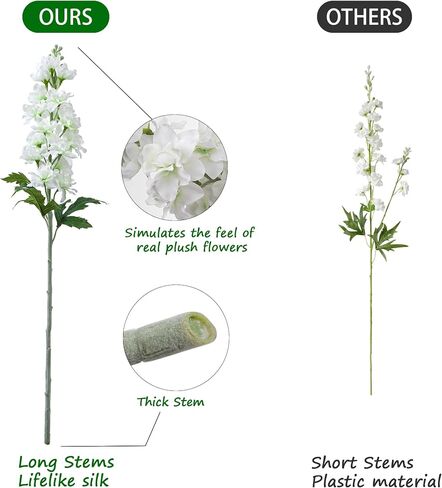 Fake Flowers Artificial Flowers Delphinium Fake Flowers 23.6" Long Stem Artificial Flowers for Tall Vase Silk Flowers for Home Decor Indoor Wedding Aisle Decoration Spring Flowers (White) 8Pcs in Saudi Arabia
