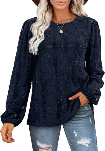 OFEEFAN Blouses for Women Dressy Casual Long Sleeve Shirts Flower Lace Tops Trendy Summer Fashion Fall Outfits 2025 in Saudi Arabia