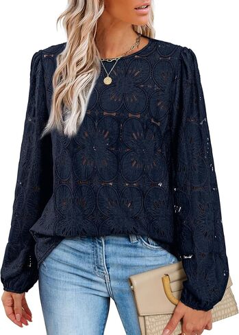 OFEEFAN Blouses for Women Dressy Casual Long Sleeve Shirts Flower Lace Tops Trendy Summer Fashion Fall Outfits 2025 in Saudi Arabia