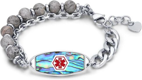 MAXZOOL Medical Alert Bracelets for Women Free Engraving, Personalized Medical Bracelets for Women & Men, Stainless Steel Matte Agate Tiger Eye Stone Beaded 2 Layer Medical ID Bracelets Adjustable in Saudi Arabia