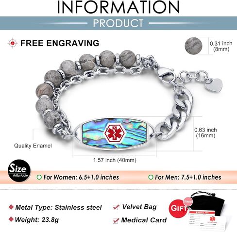 MAXZOOL Medical Alert Bracelets for Women Free Engraving, Personalized Medical Bracelets for Women & Men, Stainless Steel Matte Agate Tiger Eye Stone Beaded 2 Layer Medical ID Bracelets Adjustable in Saudi Arabia